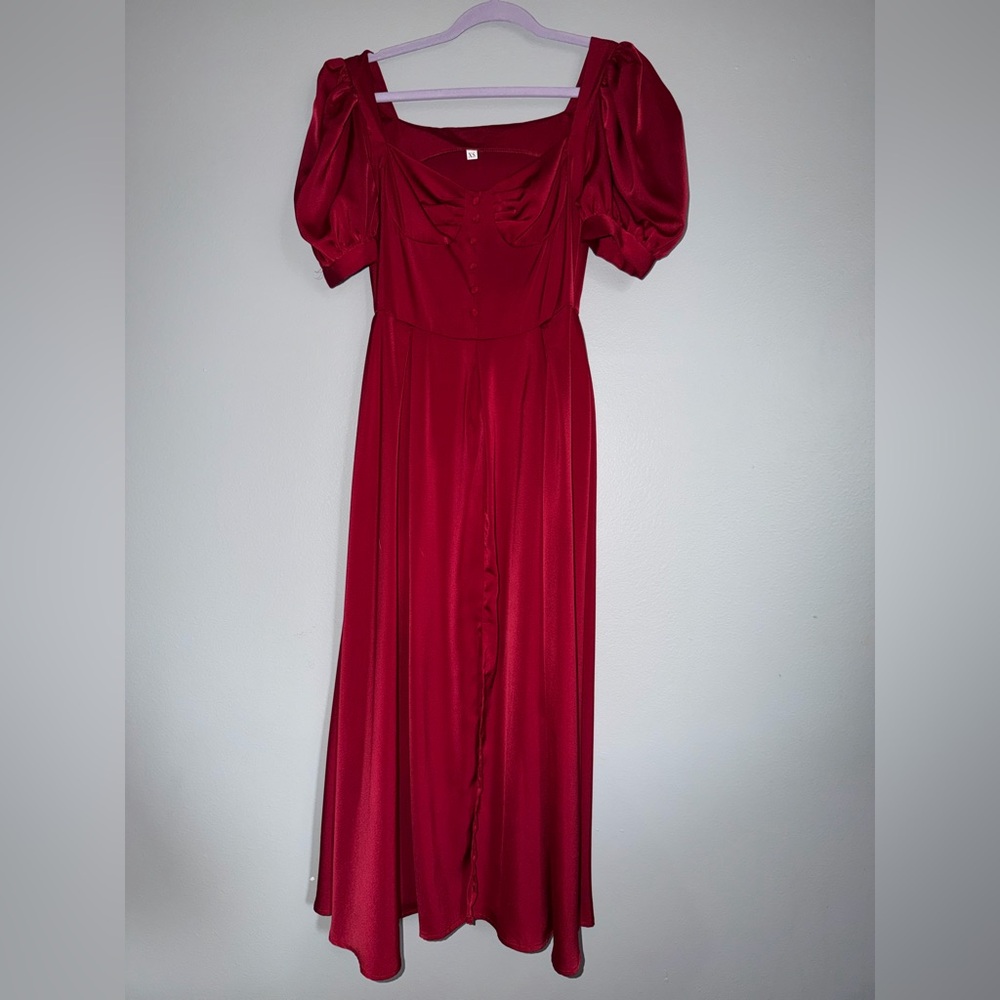 Elegant Red Puff Sleeve Dress